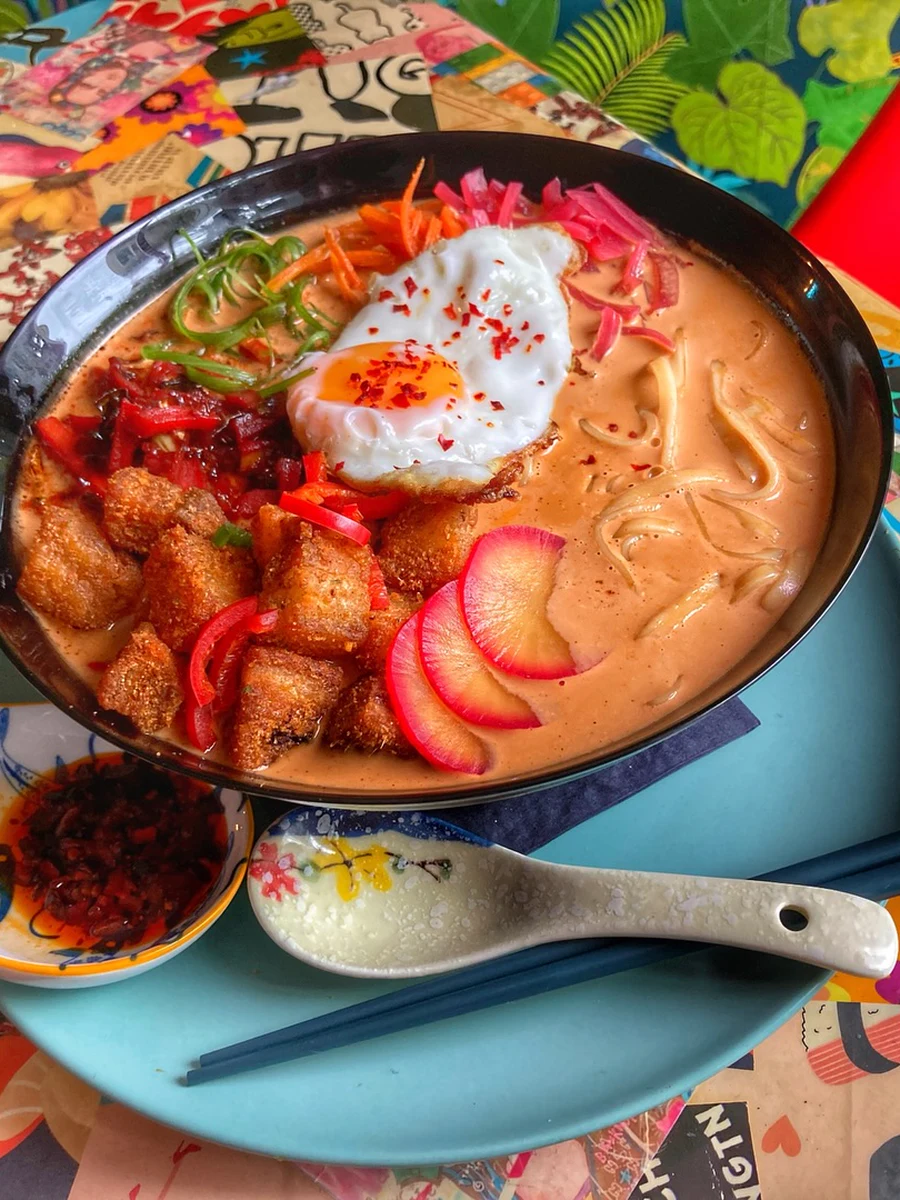 A colourful ramen-style bowl at Seven Sins